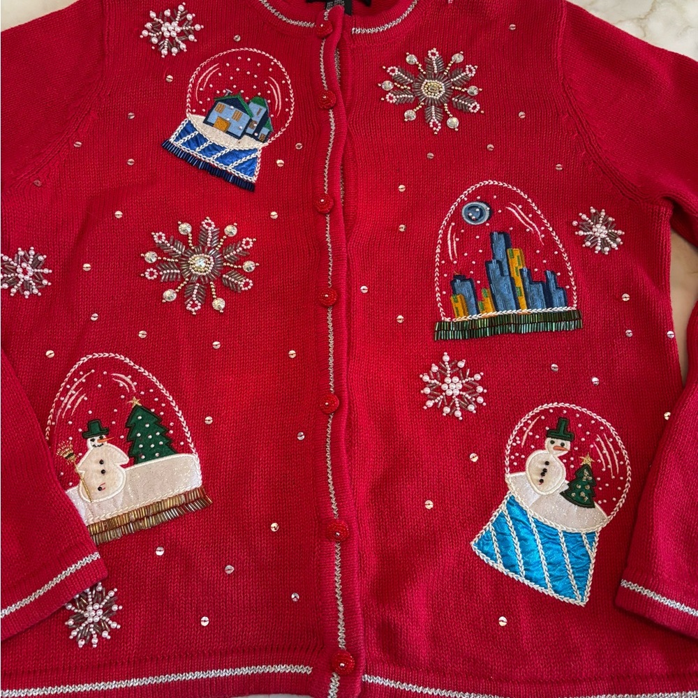 VTG All Points Christmas Sweater Sz S Cardigan Ugly Holiday Teacher Embroidered